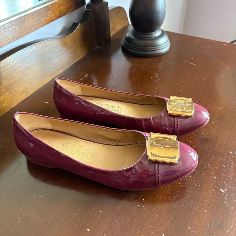 Salvatore Ferragamo Burgundy Flats with Gold Buckle